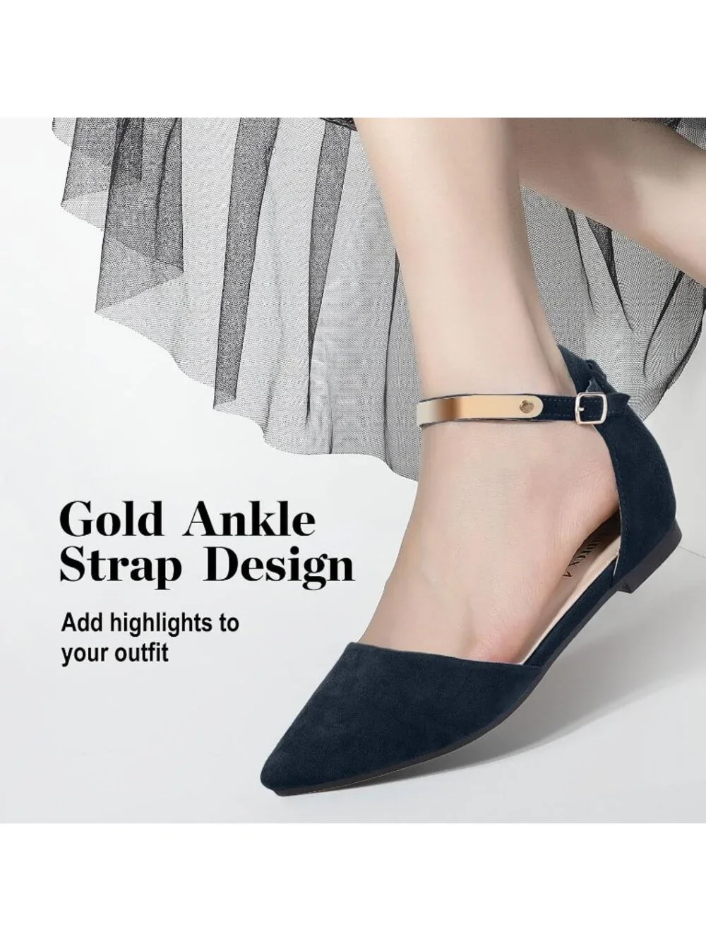 Women's Blue Suede Pointed Toe Flats Fancy Gold Ankle Strap Rhinestone Shoes